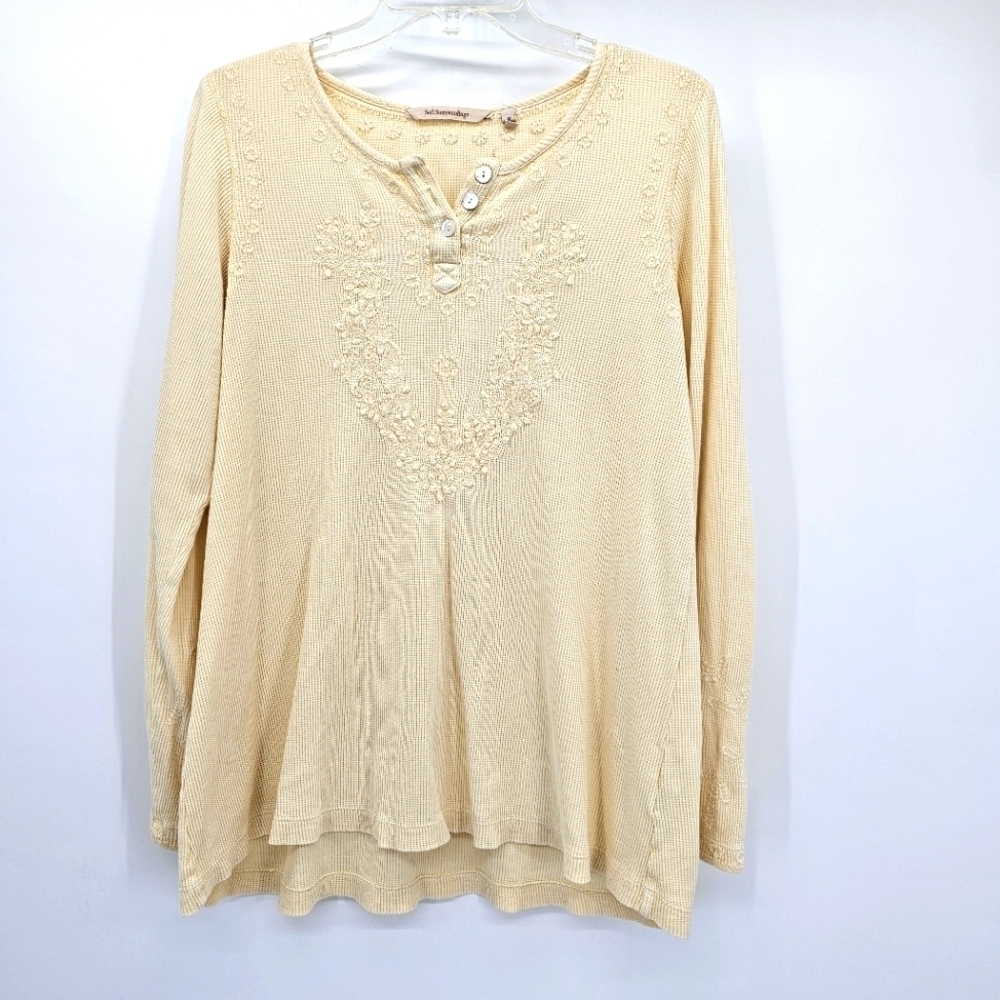 Soft Surroundings Cream Thermal Embroidered Long Skeeve Shirt Medium